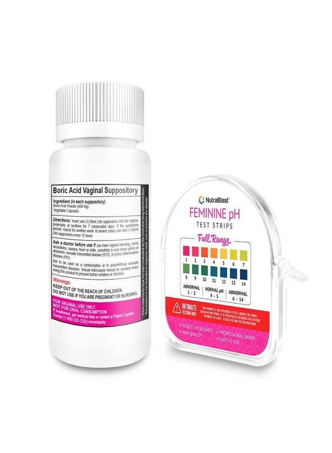 NutraBlast Boric Acid Vaginal Suppositories 600mg (30 Count) & Feminine pH Test Strips 1-14 (100-Tests Roll) | Monitor Feminine Intimate Health | Acidity & Alkalinity Balance - Image 2